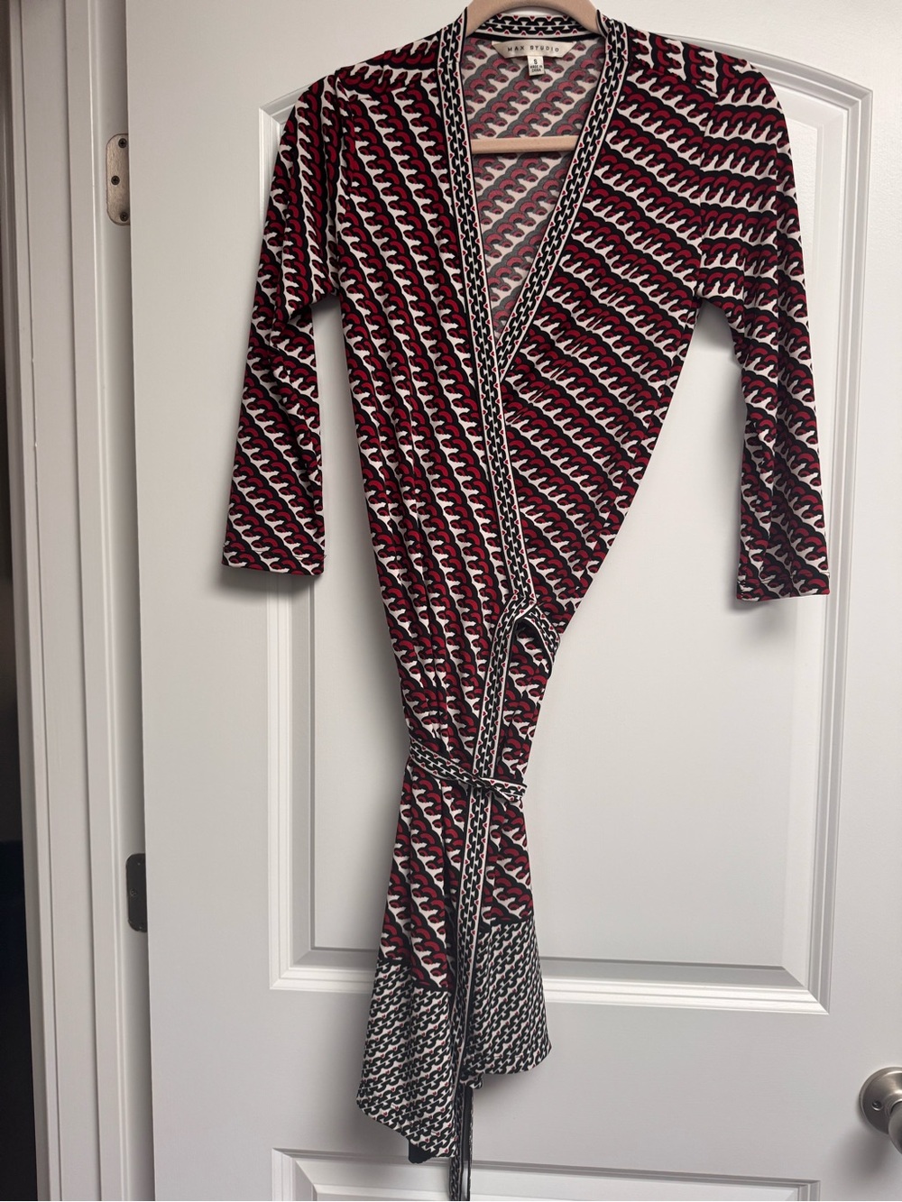 Max Studio Printed Wrap Dress in Burgundy and Black